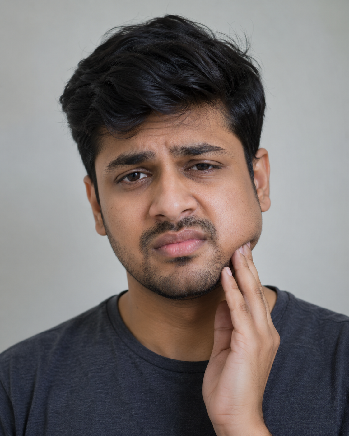 Before wisdom tooth removal - young man holding his jaw in severe pain from impacted wisdom tooth