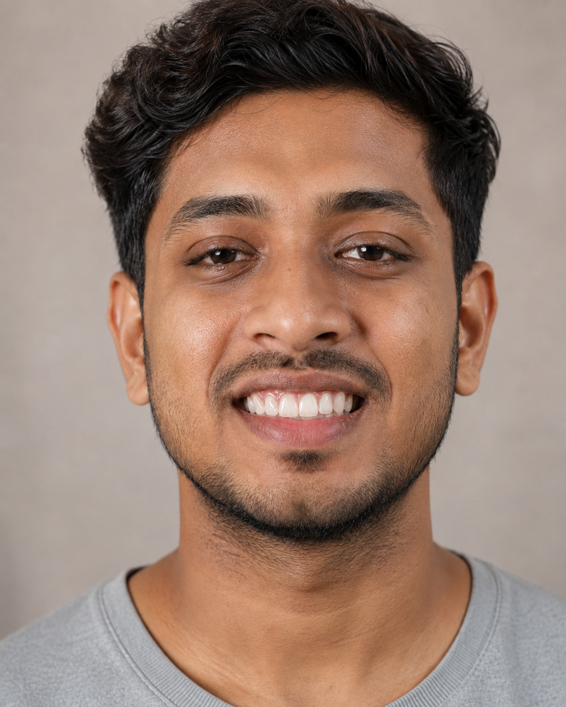 After gum treatment and crown - same young man smiling confidently with healthy gums and restored teeth