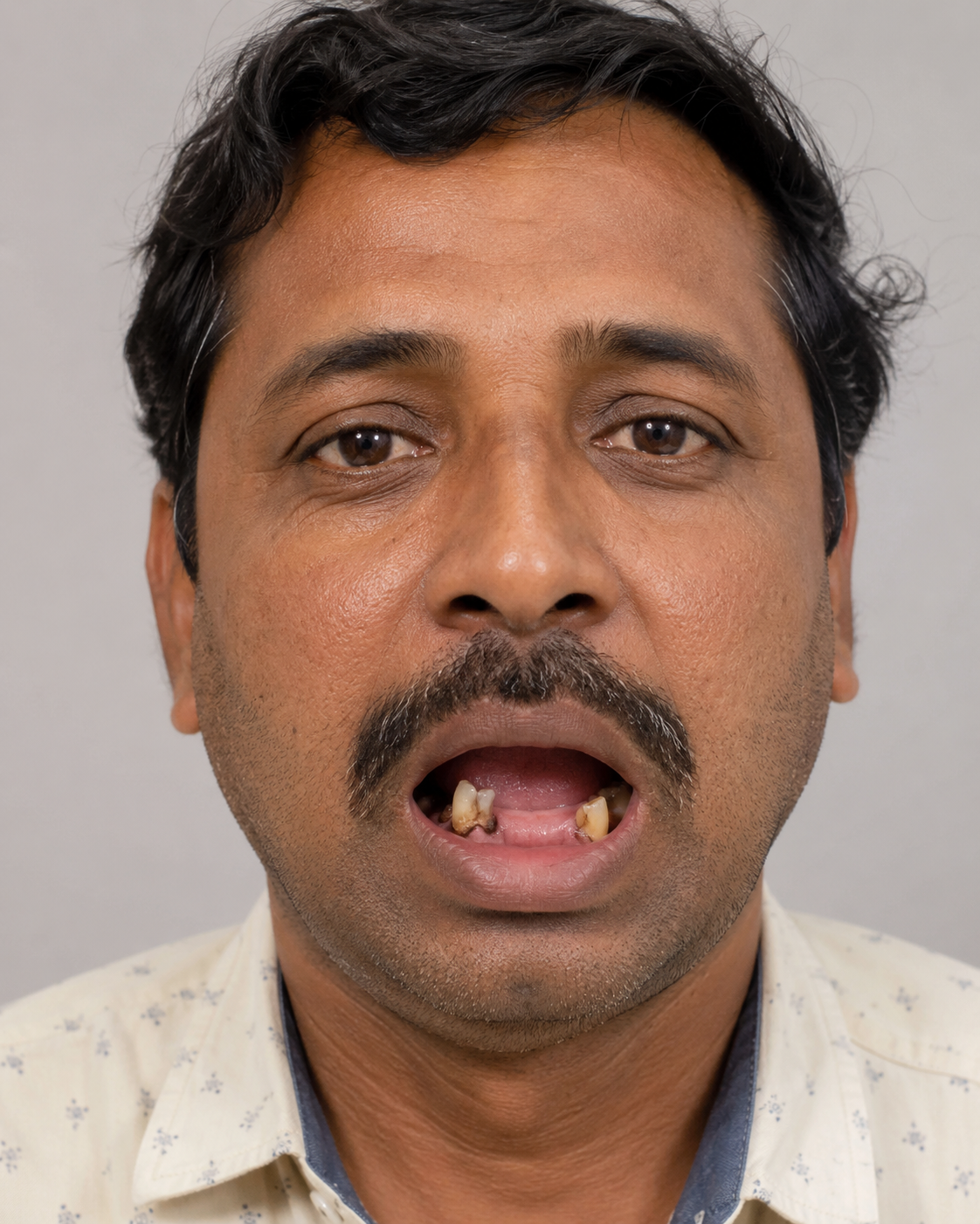 Before All-on-4 full arch - patient with several missing teeth and remaining teeth showing severe wear and decay