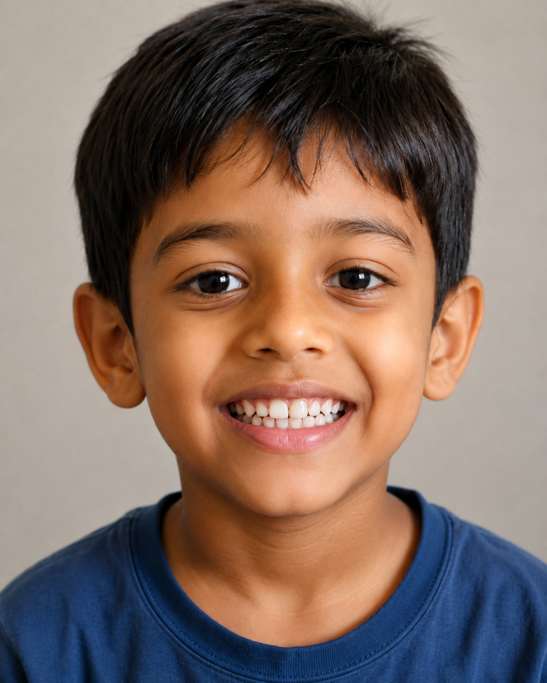After pediatric cavity restoration - young boy smiling with healthy white teeth