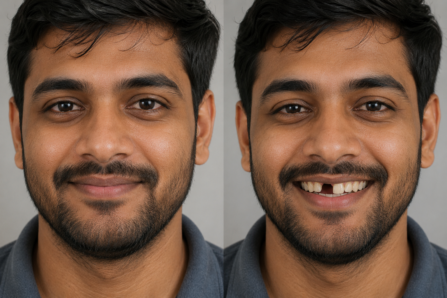 Before single implant - patient smiling with lips closed showing gap in front teeth