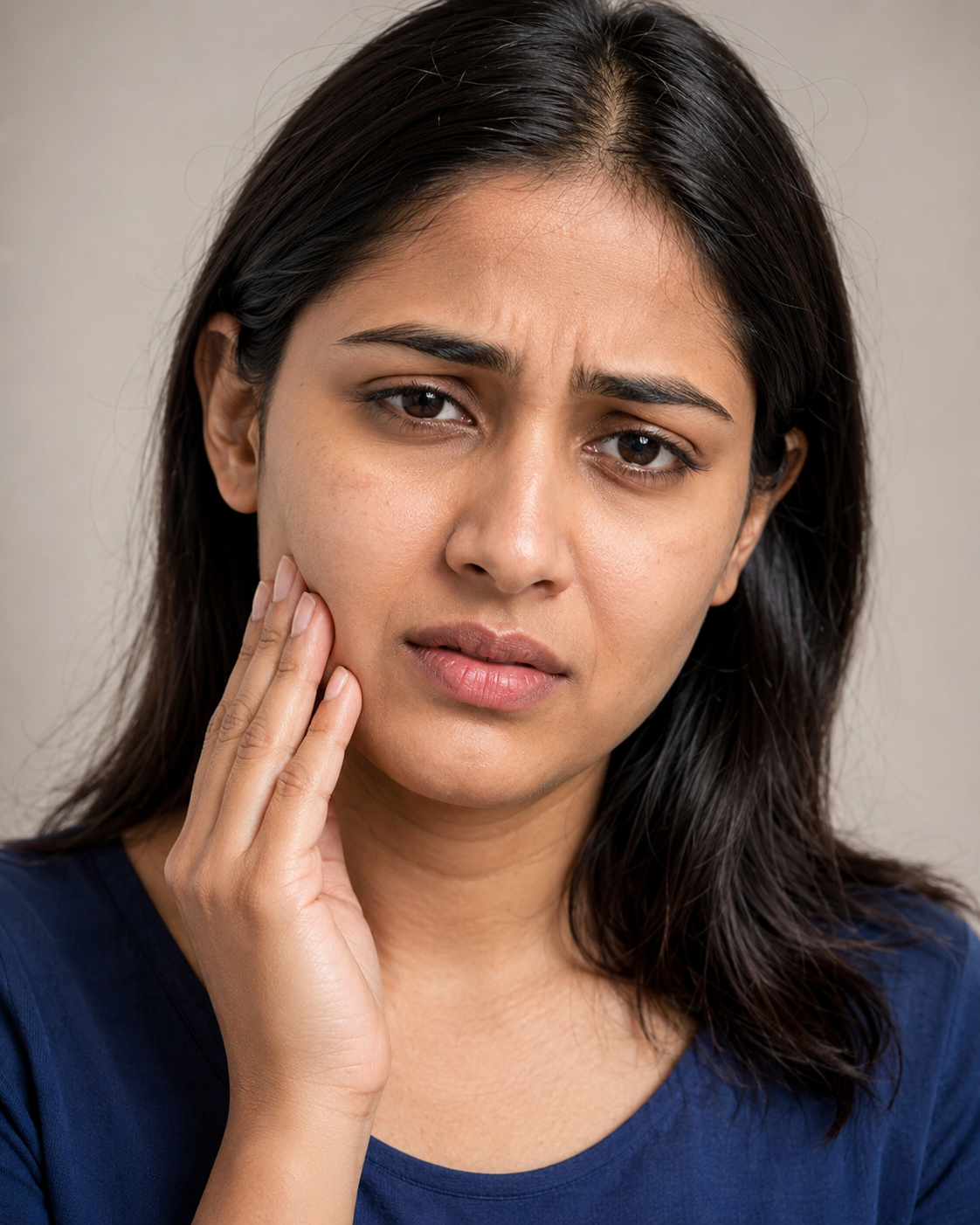 Before root canal retreatment - patient holding cheek in pain from failed root canal