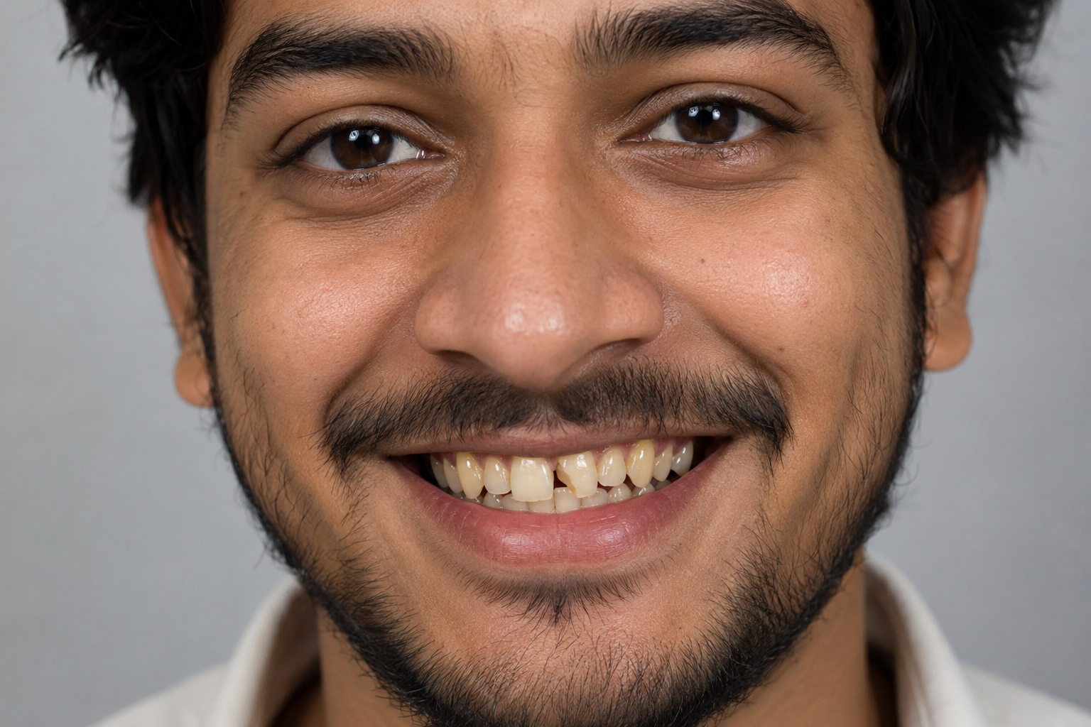 Before teeth whitening and bonding - young man with chipped dull tooth before treatment