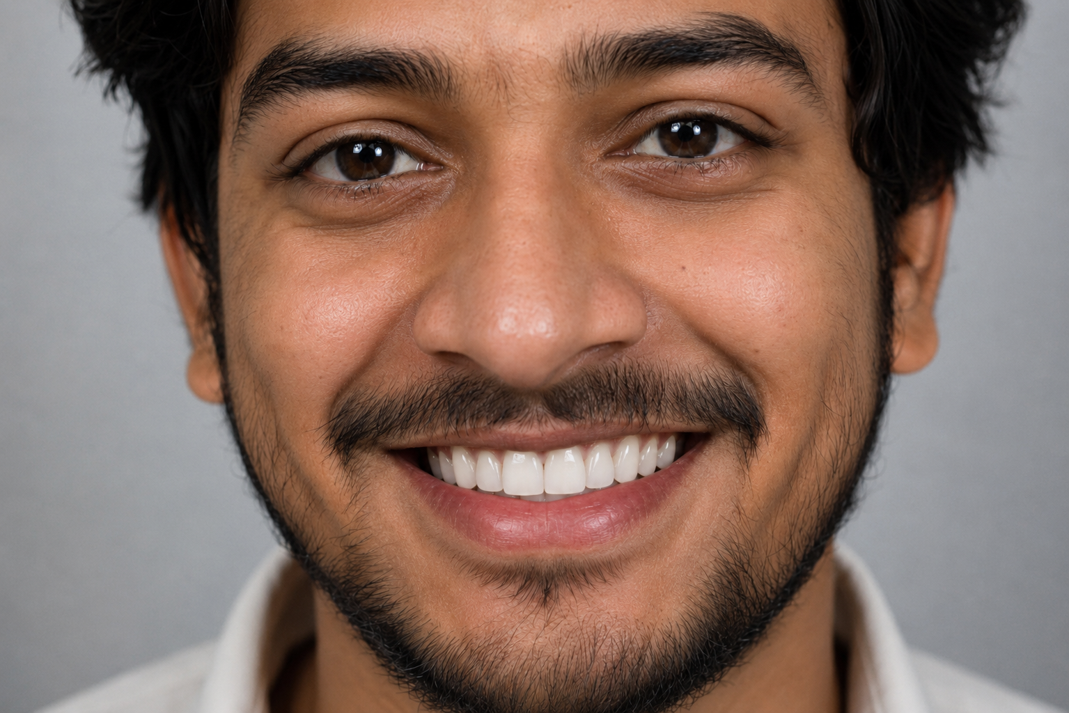 After teeth whitening and bonding - same young man smiling confidently with bright restored teeth