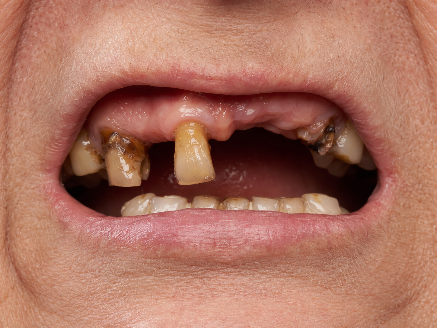 Before treatment - severe dental decay and broken teeth