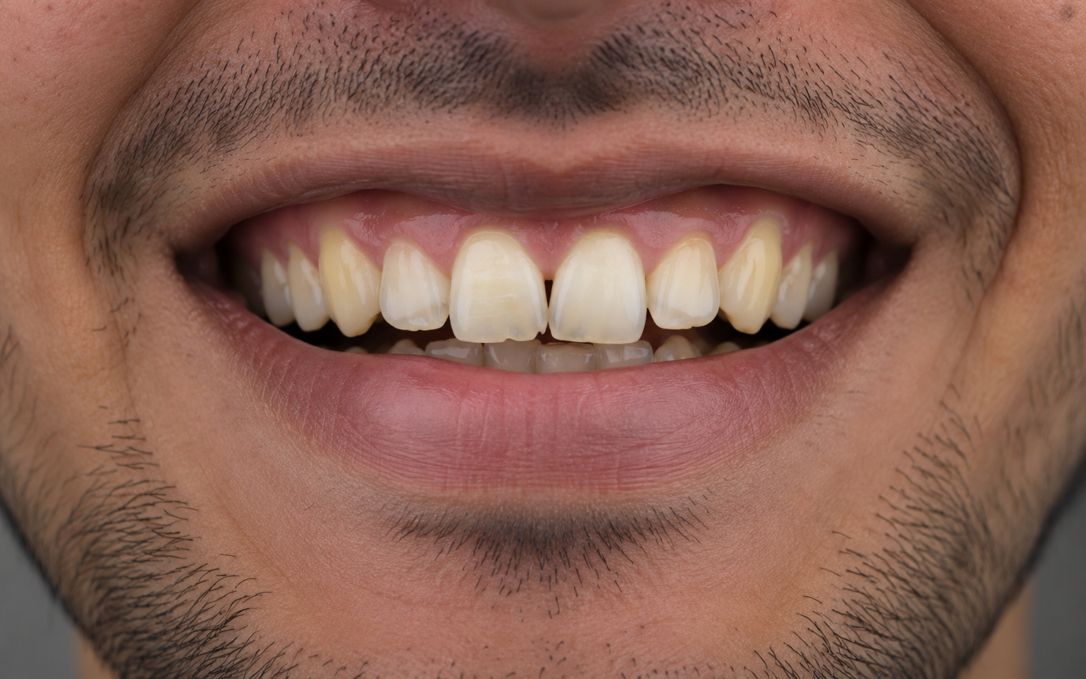 Before porcelain veneer treatment — yellow discolored teeth