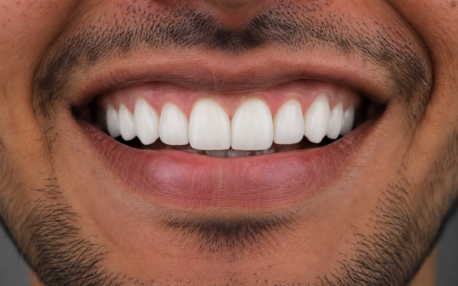 After porcelain veneer treatment — bright white transformed smile