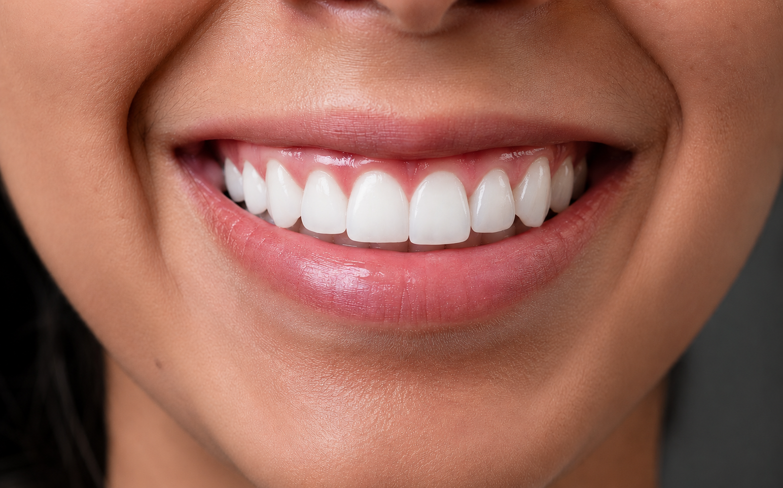 After whitening and bonding treatment — bright white transformed smile