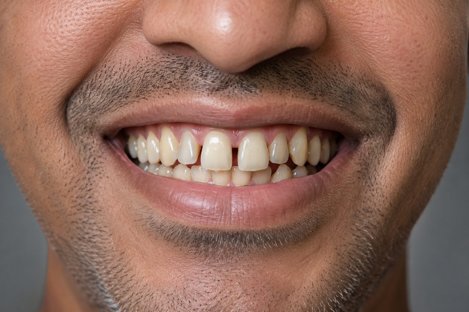 Before smile design and whitening treatment — yellow, uneven teeth with gap