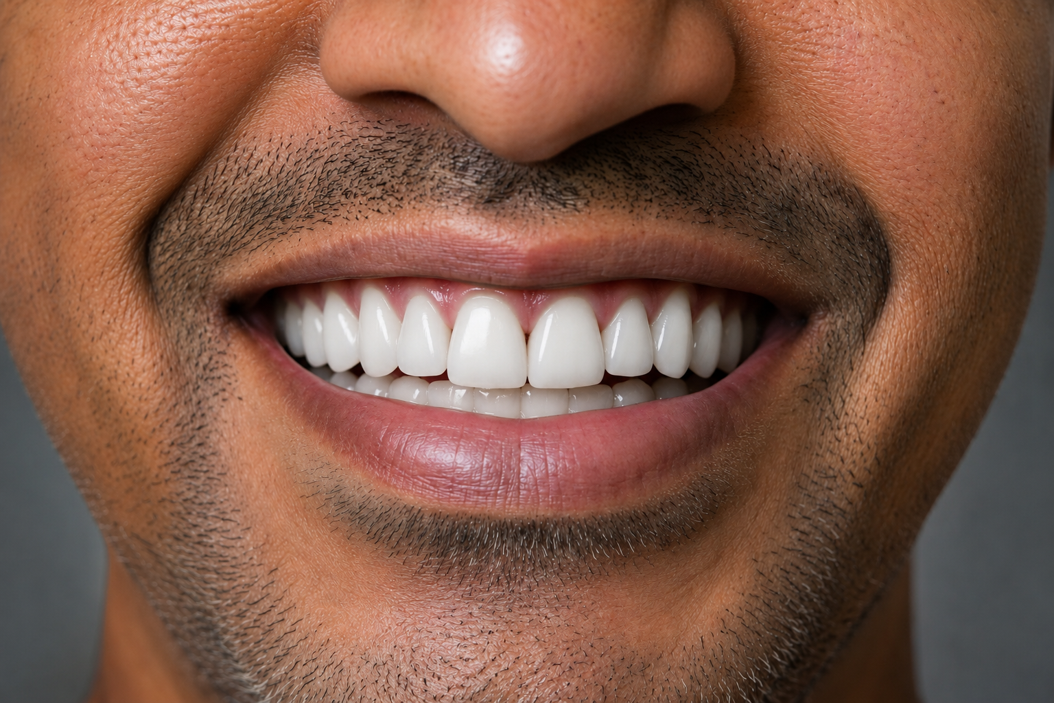 After smile design and whitening treatment — bright, straight white teeth