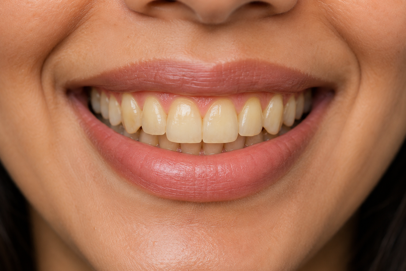 Before teeth whitening treatment - yellow stained teeth