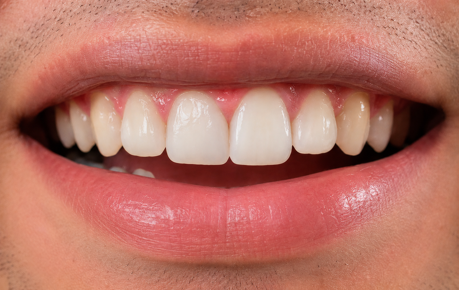 After composite bonding treatment - bright white restored tooth