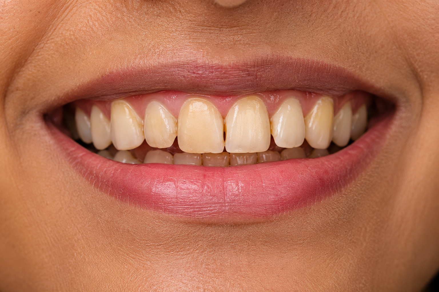Before porcelain veneers treatment - yellow discolored teeth