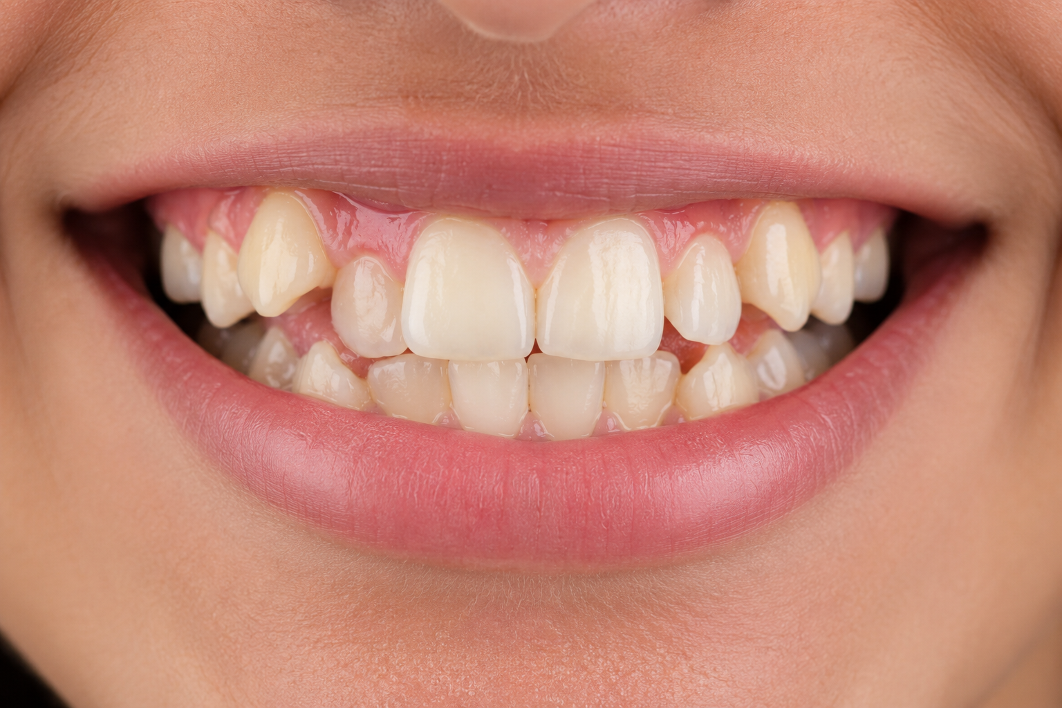 Before treatment - uneven, yellow teeth with crowding