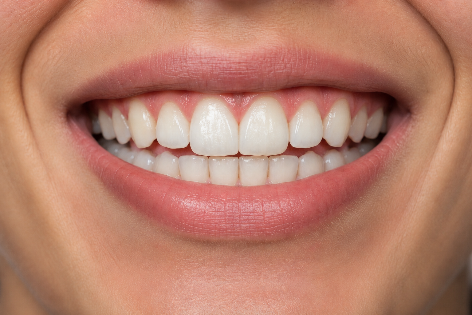 After treatment - white, perfectly aligned teeth with gap closed
