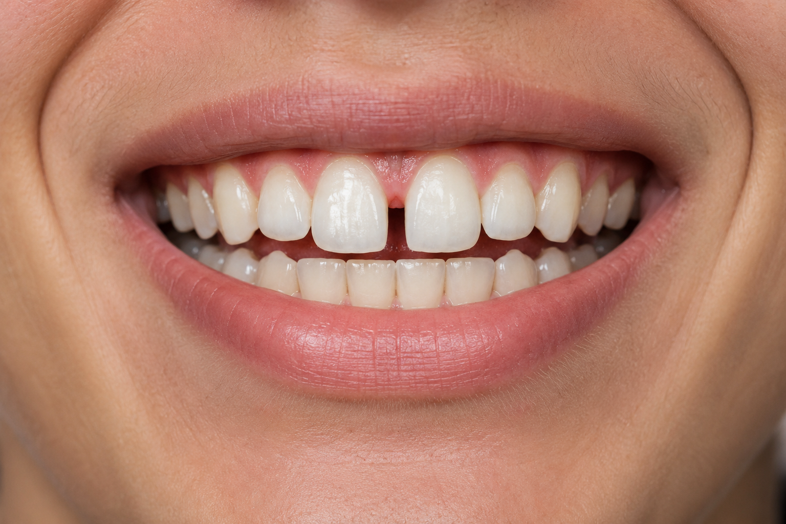 Before treatment - uneven, yellow teeth with bite misalignment