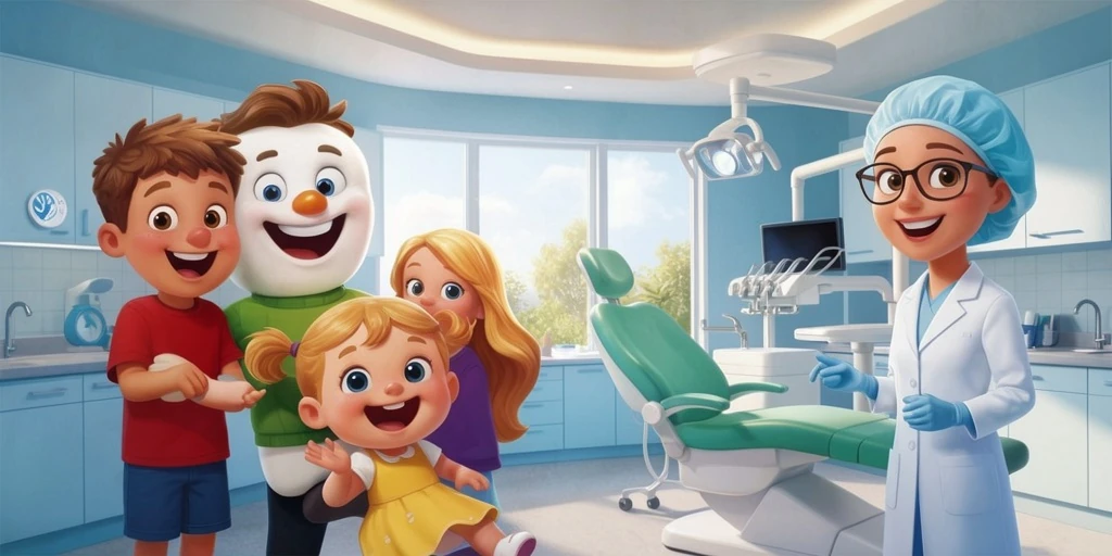 Disney Pixar style cartoon illustration of a happy family visiting a multispeciality dental clinic in Kanpur with friendly cartoon dentist characters