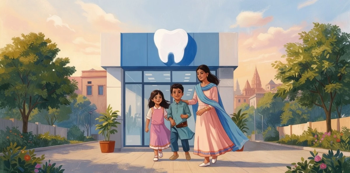 Ghibli style illustration of a happy Indian family visiting a multispeciality dental clinic in Kanpur