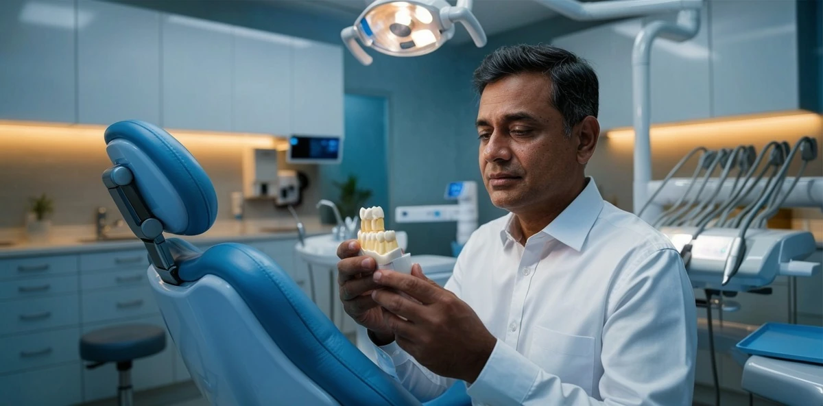 45-year-old Indian man examining a dental implant model in a modern dental clinic in Kanpur, representing the decision of dental implants cost Kanpur