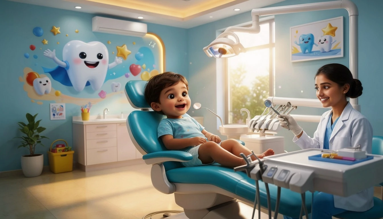 Pediatric dentist in Kanpur gently examining a happy child at The Crown kids dental clinic in Kanpur