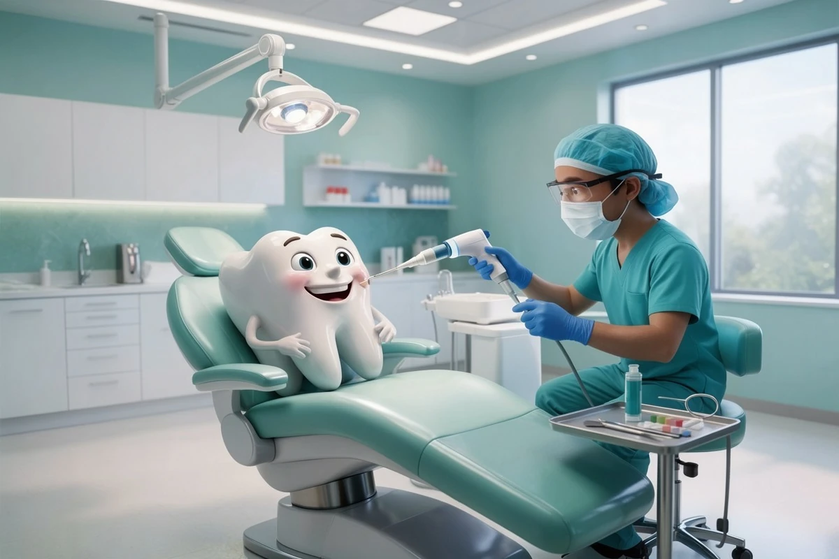 Tooth coloured filling procedure at dental clinic in Kanpur showing composite restoration being applied