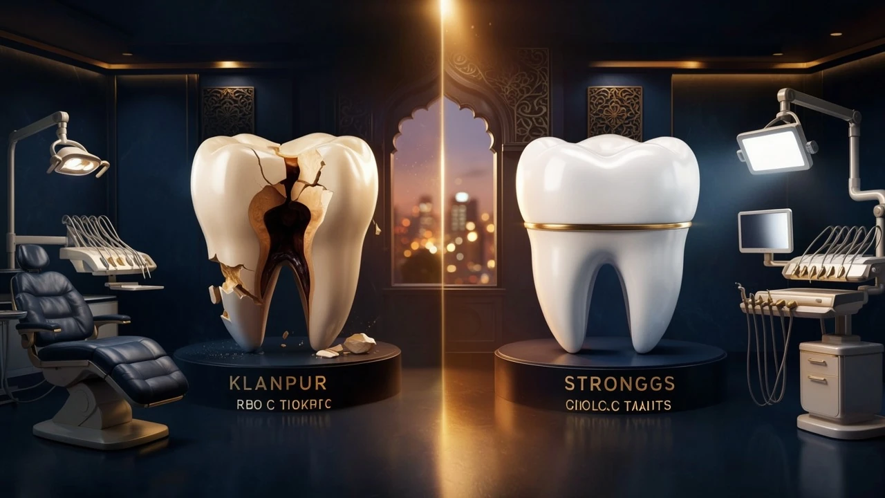 Dental crown after root canal comparison in Kanpur showing unprotected cracked tooth versus protected crowned tooth