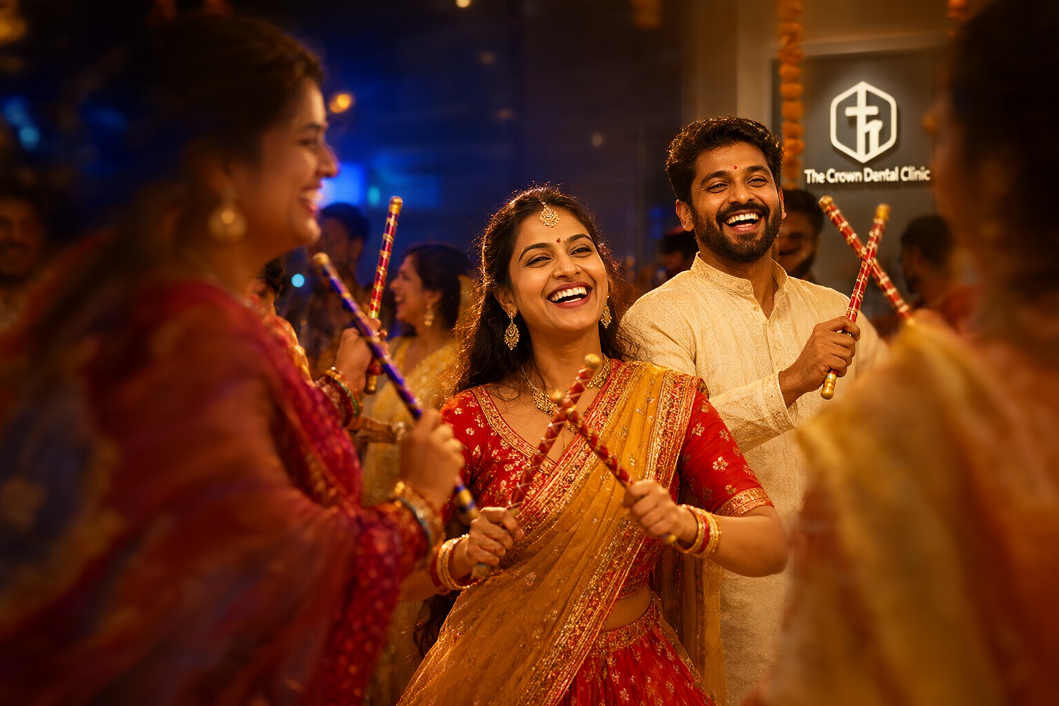 Joyful Indian couple dancing Garba during Navratri night in Kanpur with modern dental clinic aesthetic hinting at The Crown Dental Clinic