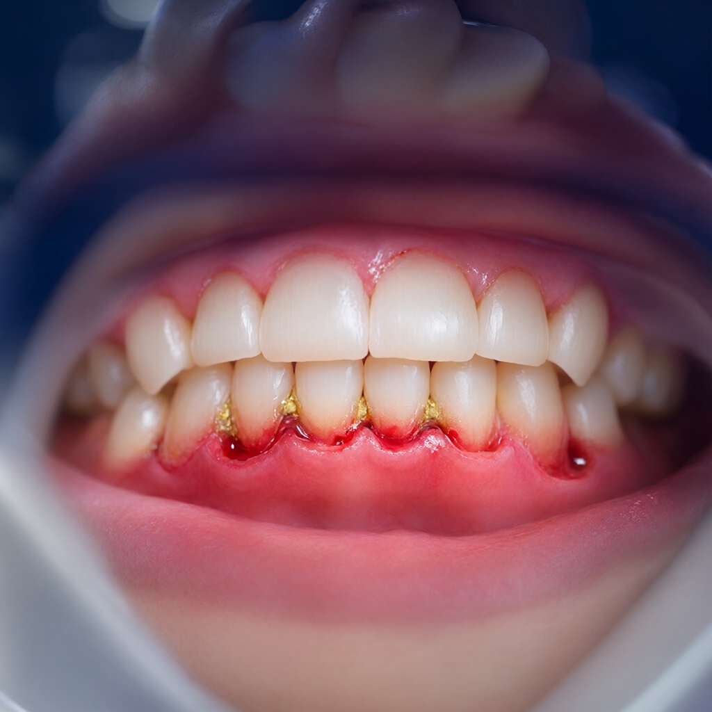 Close-up clinical photograph of bleeding inflamed gums with yellow tartar deposits at the tooth root &mdash; advanced pyorrhoea requiring treatment in Kanpur