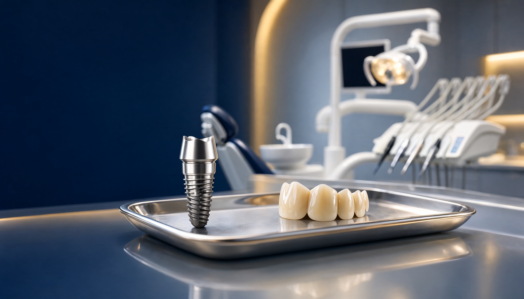 Titanium dental implant and custom ceramic crown on a sterile tray illustrating dental implants in Kanpur