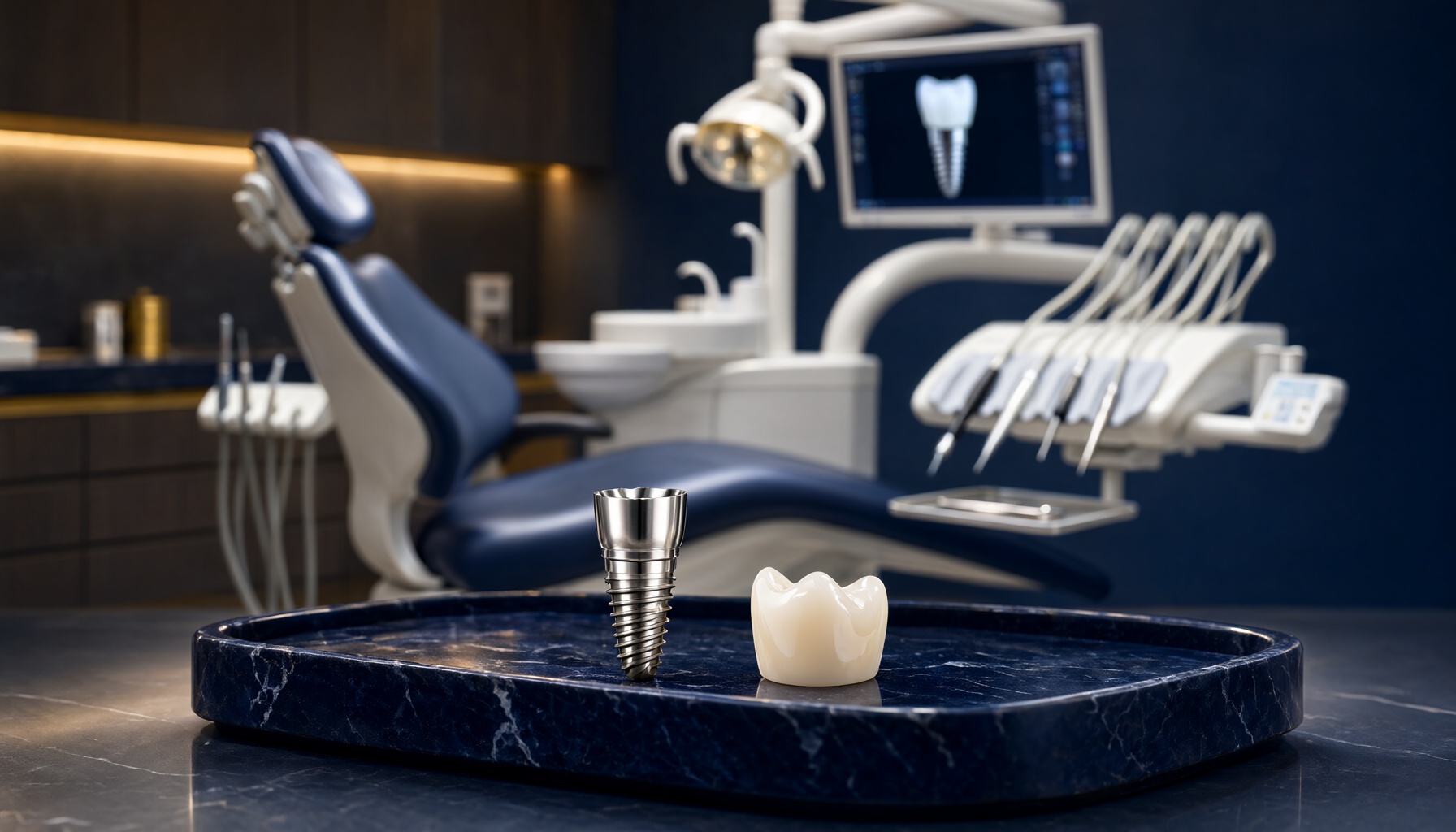 Titanium dental implant and custom ceramic crown shown in a modern dental implant centre in Kanpur