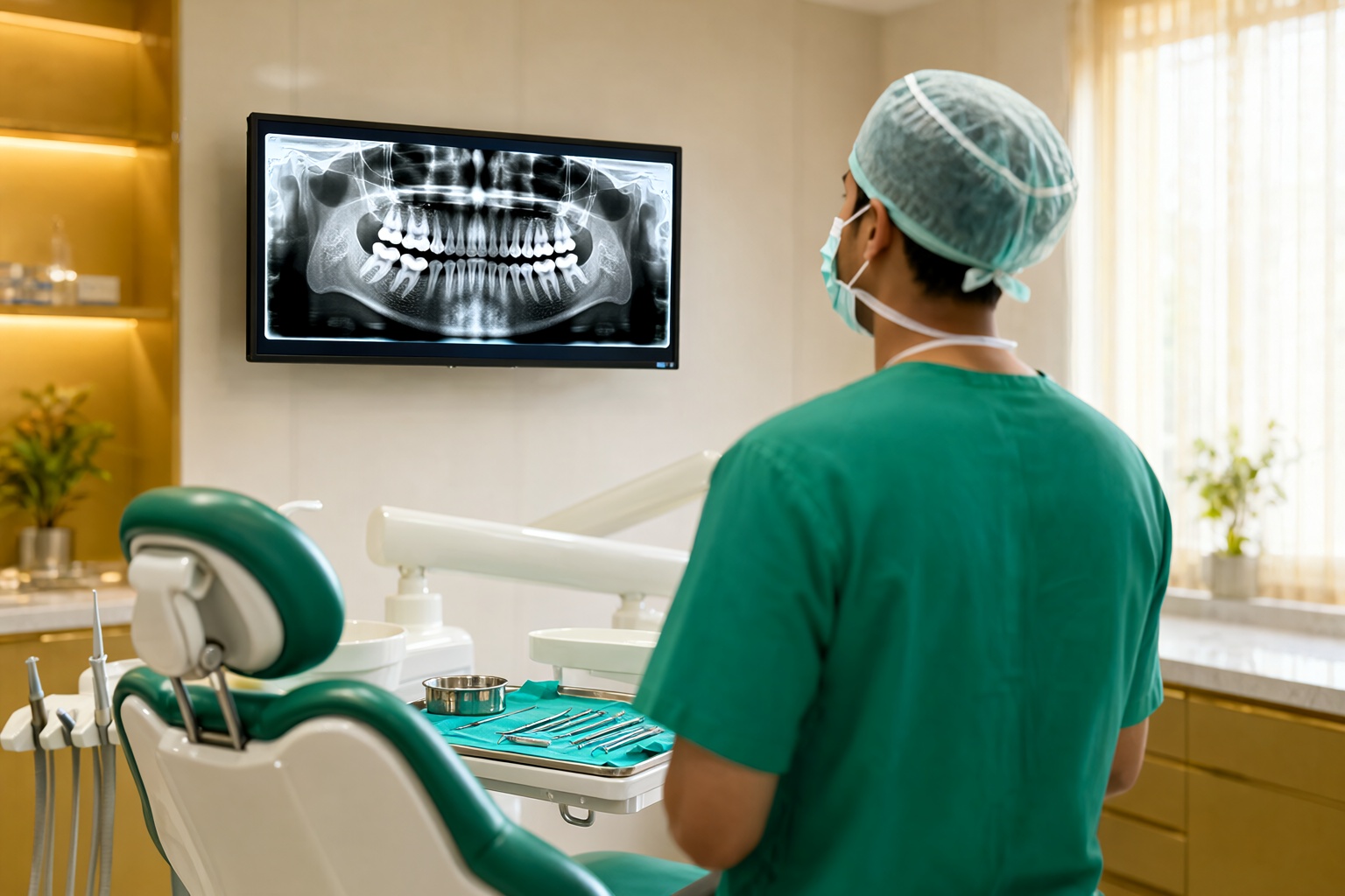 Oral and maxillofacial surgeon in a modern operatory reviewing a 3D panoramic dental X-ray showing impacted lower wisdom teeth before planning extraction