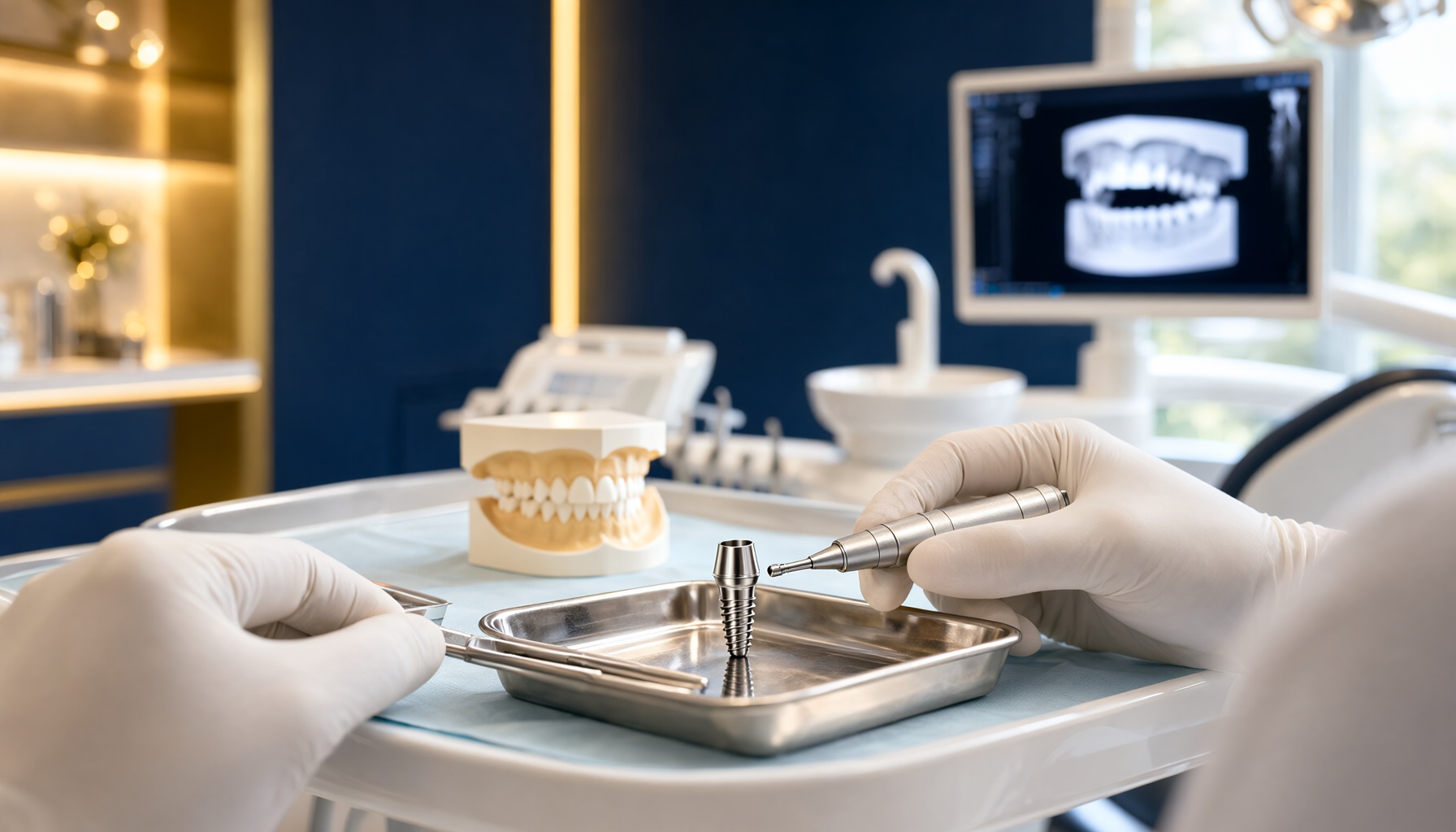 Dental implants in Kanpur — titanium implant fixture and surgical kit prepared in a modern implant operatory at Saluja Dento Max Fac Centre