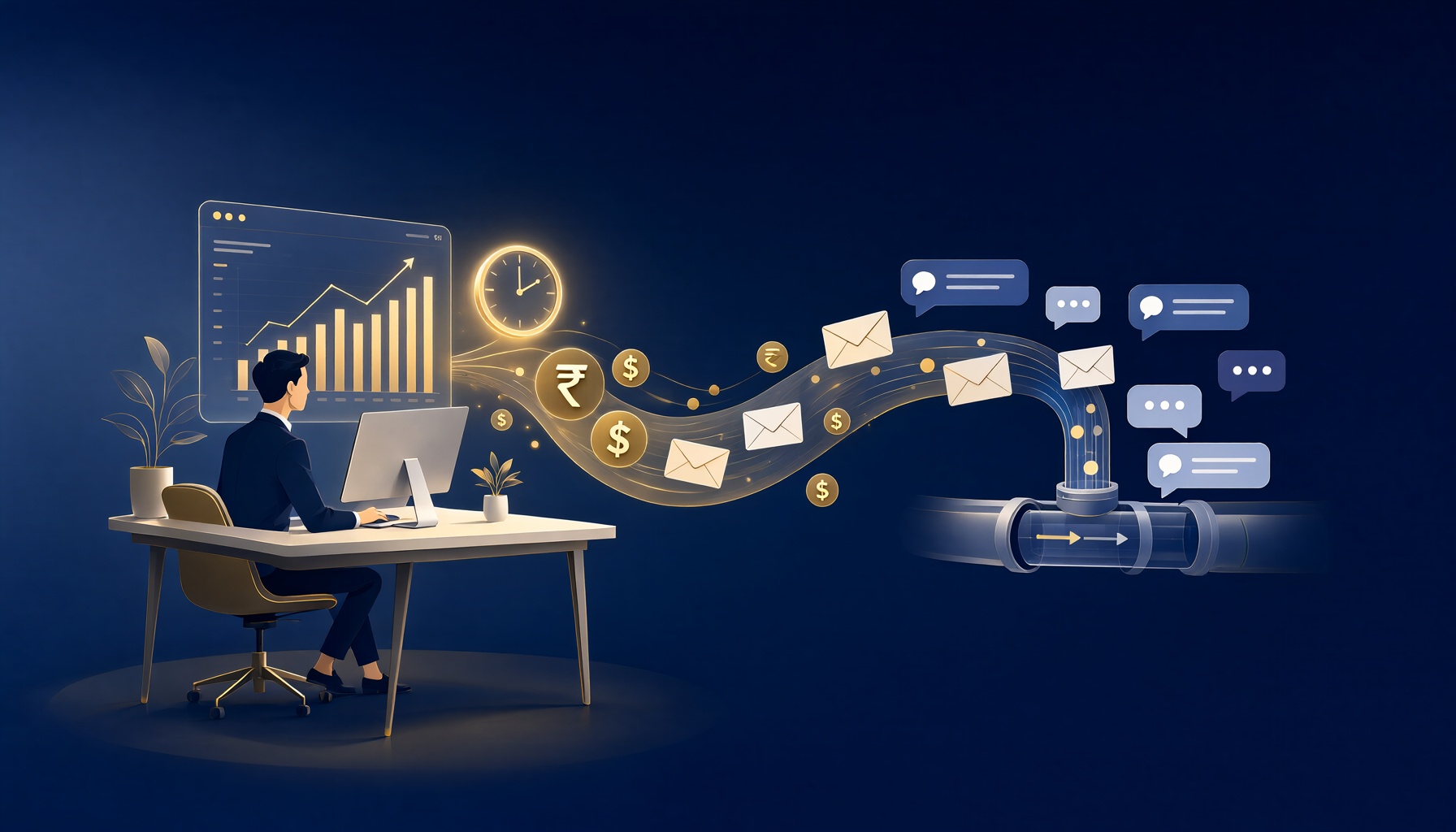 AI automation cost savings for small business illustrated as a dashboard of rising charts, clock and automated enquiry pipeline