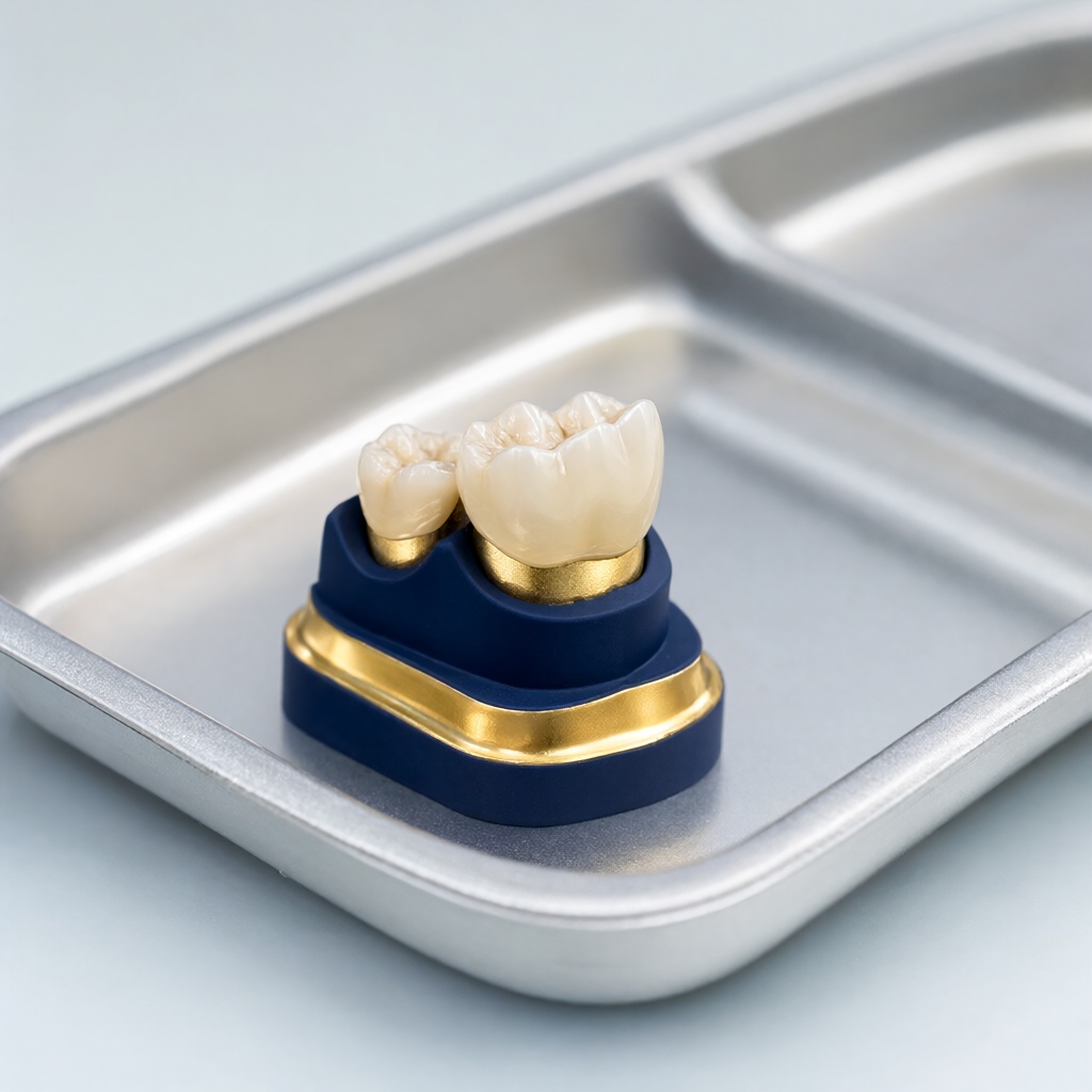 Dental implant and ceramic crown model on a sterile tray representing dental implants in Kanpur