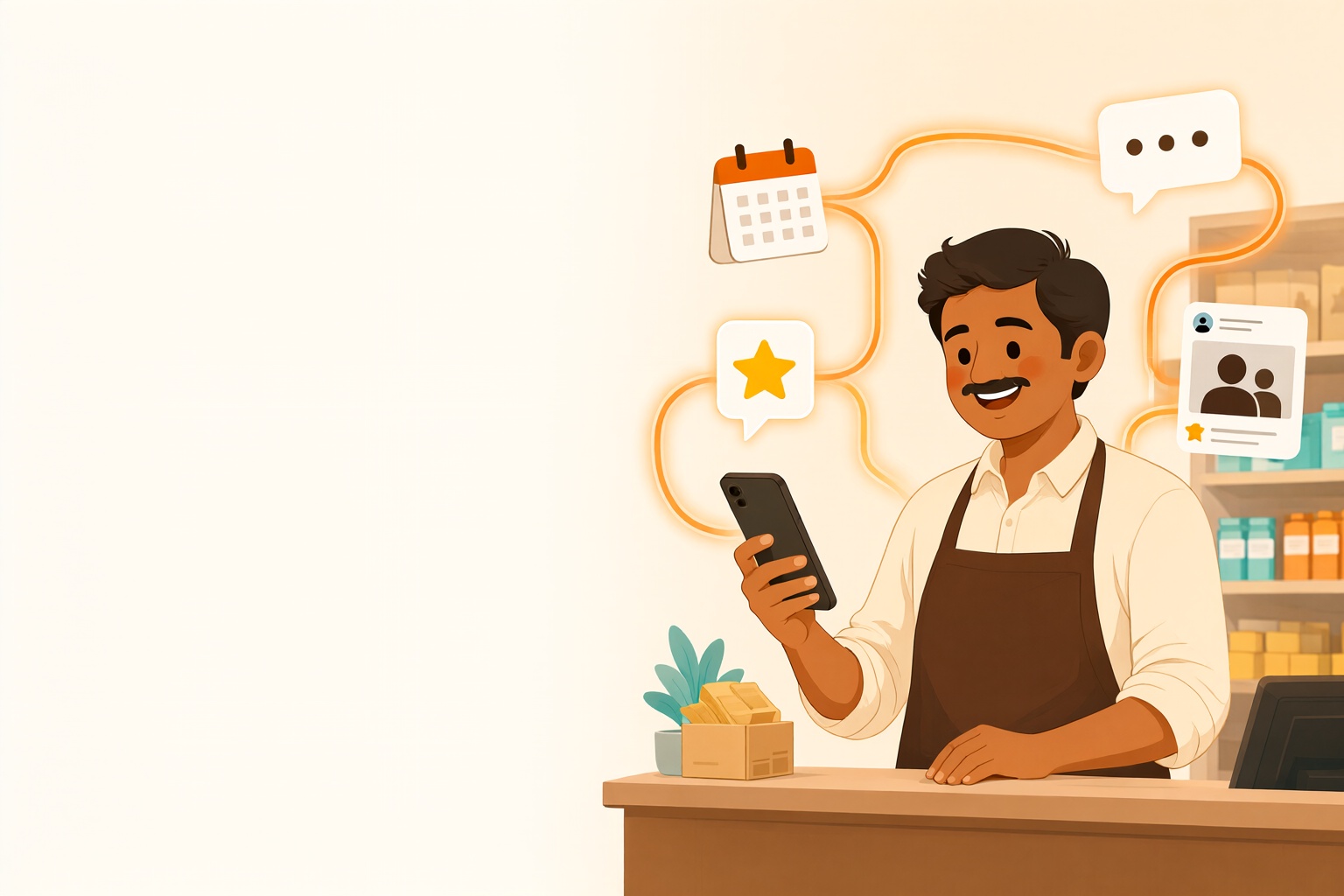 Illustration of AI automation for small business: a shop owner with connected chat, calendar, review and social post icons