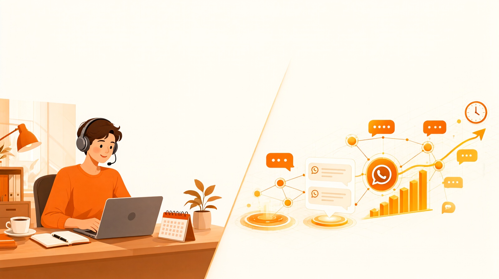 AI automation versus virtual assistant comparison banner showing a human VA at a desk on one side and automated WhatsApp workflows on the other